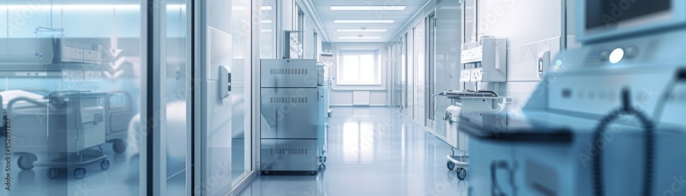 Energy storage unit for medical devices in a patient room, hospital environment theme, side view, emphasizing safety and reliability, technology tone, monochromatic color scheme Energy storage unit for medical devices in a patient room, hospital environment theme, side view, emphasizing safety and reliability, technology tone, monochromatic color scheme