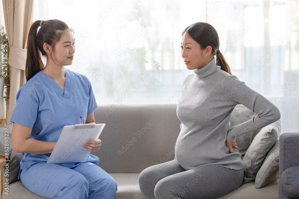 Pregnant Woman with Back Pain Consulting Healthcare Professional at Home Pregnant Woman with Back Pain Consulting Healthcare Professional at Home