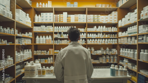 Pharmacist in a white coat standing behind the counter, surrounded by shelves filled with medications