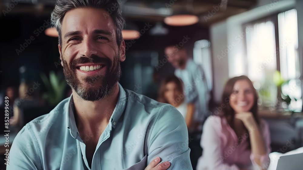 Confident Businessman Smiling Office Colleagues Background Confident Businessman Smiling Office Colleagues Background