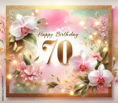 Elegant 70th birthday card with orchids, gold accents, and fairy lights for milestone celebrations photo