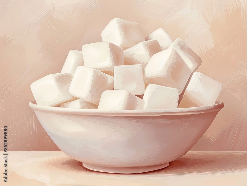 Bowl filled with white sugar cubes on a pastel background. Perfect for food-related themes and culinary illustrations. Bowl filled with white sugar cubes on a pastel background. Perfect for food-related themes and culinary illustrations.
