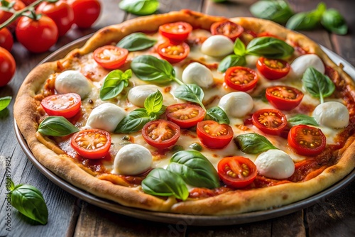 Delicious Fresh Margherita Pizza with Basil, Tomatoes, and Mozzarella, Wood Background