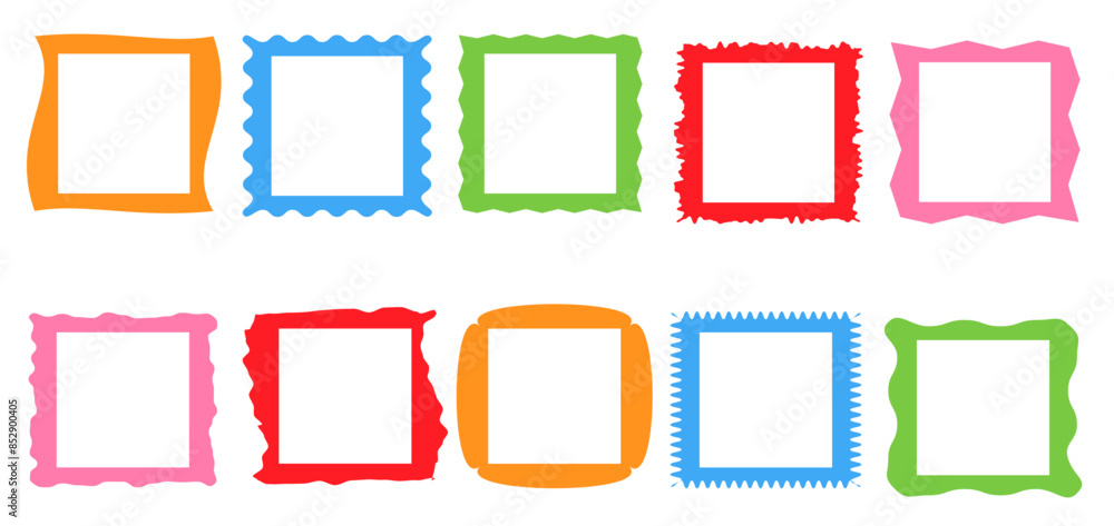 Squiggle colored frames set. Jaggered edges, retro scallop yellow, pink, green, red frames, psychedelic squares, groovy shapes set Squiggle colored frames set. Jaggered edges, retro scallop yellow, pink, green, red frames, psychedelic squares, groovy shapes set