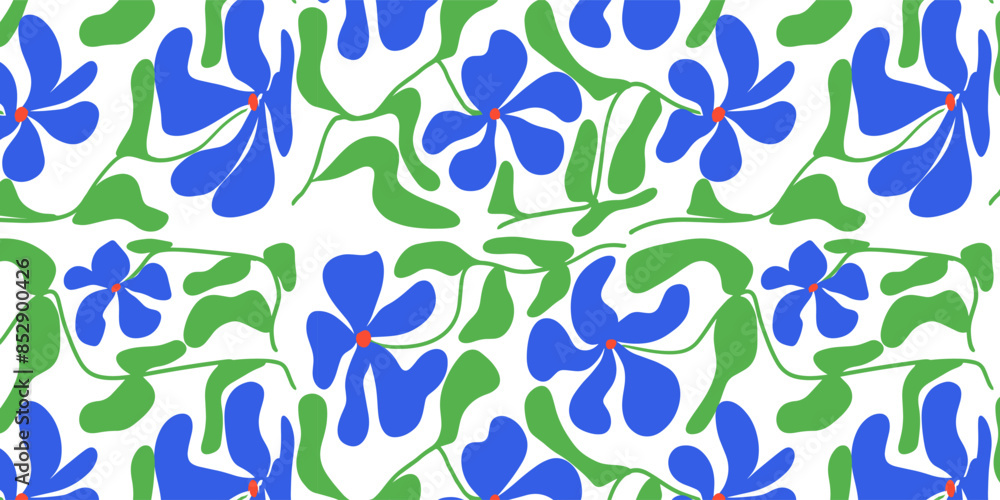 Seamless pattern with blue flowers, groovy, modern flat fabric. Seamless pattern with blue flowers, groovy, modern flat fabric.