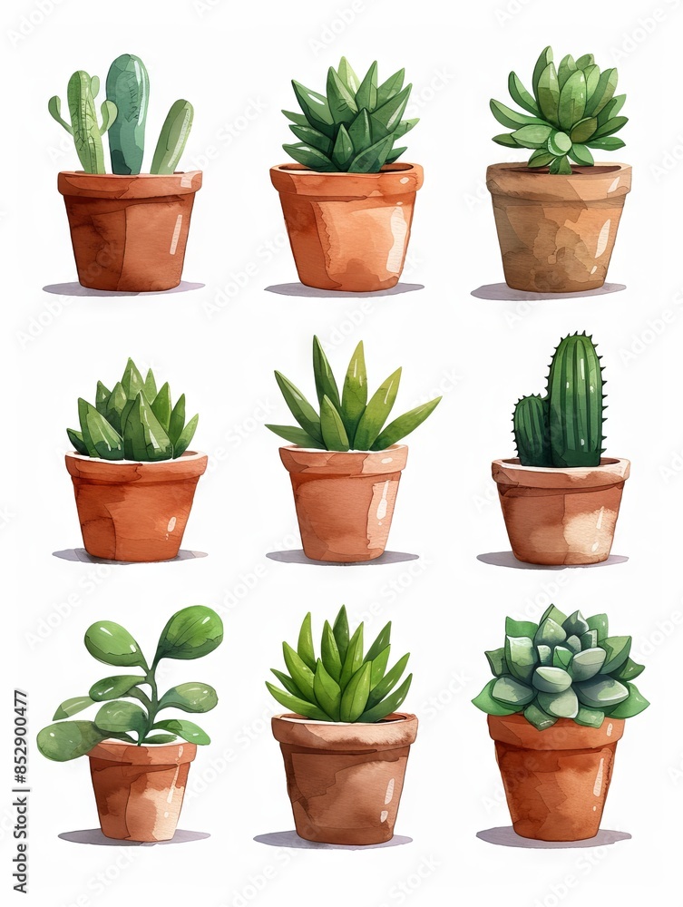 Collection of nine potted succulent plants in terracotta pots, arranged in a grid pattern on a white background. Collection of nine potted succulent plants in terracotta pots, arranged in a grid pattern on a white background.