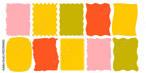 Squiggle  colored frames set. Jaggered edges, retro scallop yellow, pink, green, red frames, psychedelic rectangles, groovy shapes set 
