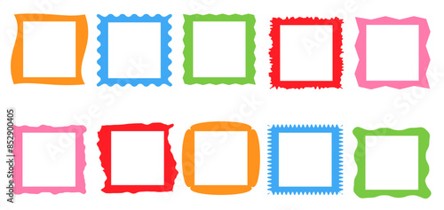 Squiggle  colored frames set. Jaggered edges, retro scallop yellow, pink, green, red frames, psychedelic squares, groovy shapes set 