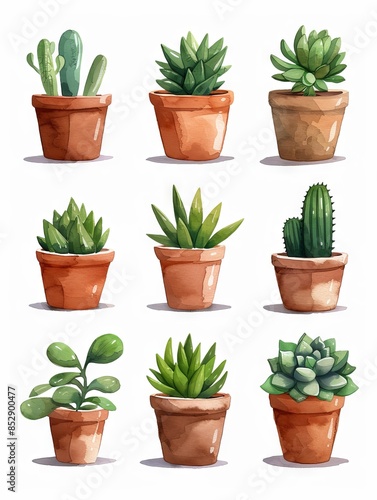 Collection of nine potted succulent plants in terracotta pots, arranged in a grid pattern on a white background.