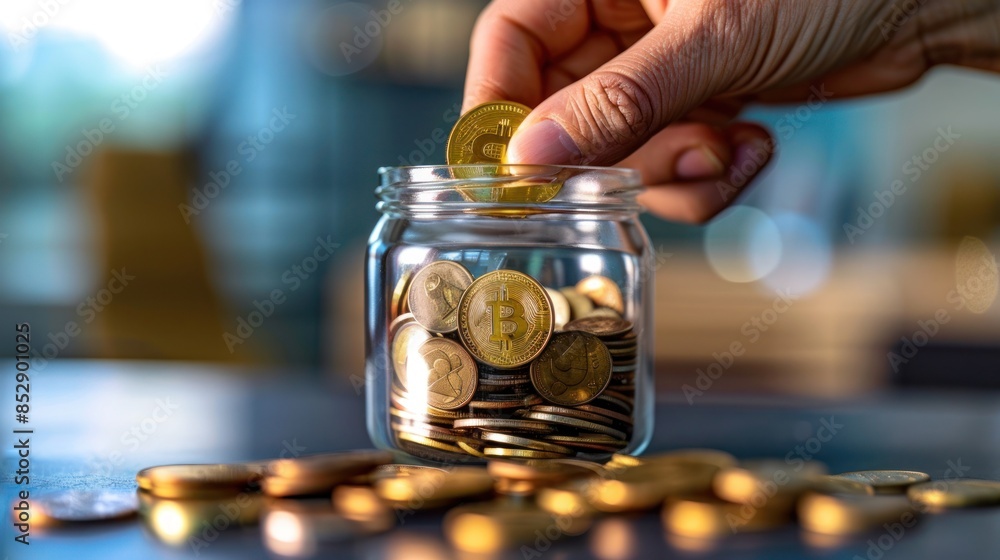 Saving Bitcoin: A Hand Places a Gold Coin into a Jar Filled with Cryptocurrency Saving Bitcoin: A Hand Places a Gold Coin into a Jar Filled with Cryptocurrency