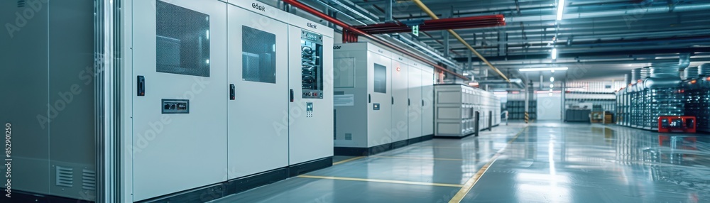 Energy storage system in a smart manufacturing plant, sustainable energy theme, side view, illustrating efficient power management, advanced tone, complementary color scheme Energy storage system in a smart manufacturing plant, sustainable energy theme, side view, illustrating efficient power management, advanced tone, complementary color scheme