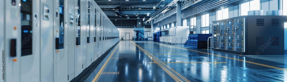 Naklejka premium Energy storage system in a smart manufacturing plant, sustainable energy theme, side view, illustrating efficient power management, advanced tone, complementary color scheme