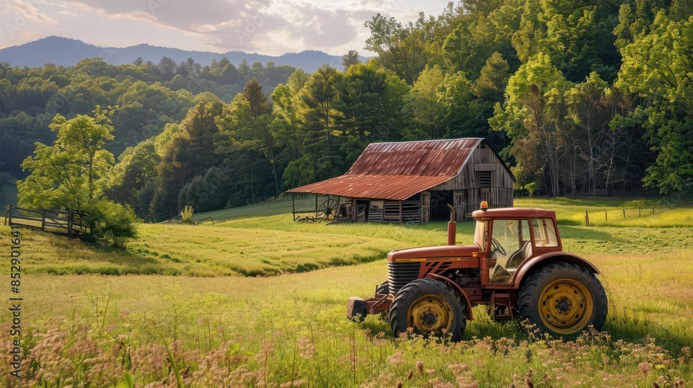 idyllic farmland tractor in lush green landscape with rustic barn countryside photograph idyllic farmland tractor in lush green landscape with rustic barn countryside photograph
