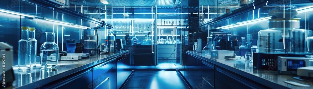 Obraz premium Nextgen battery lab with a focus on energy density testing, scientific innovation theme, side view, highlighting cuttingedge research methods, digital tone, vivid
