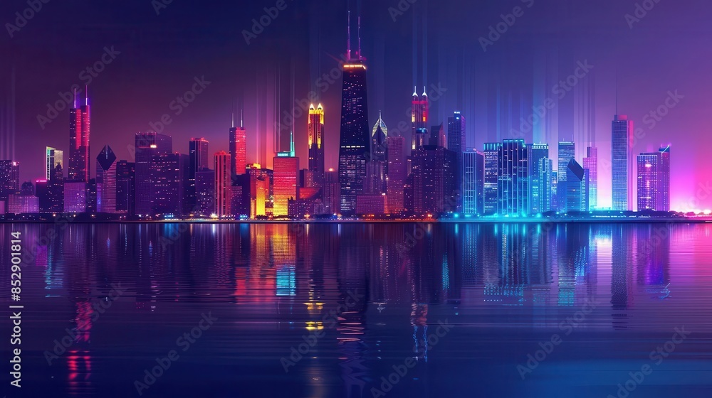 illuminated chicago skyline at night glowing skyscrapers reflecting in the calm water digital art illuminated chicago skyline at night glowing skyscrapers reflecting in the calm water digital art