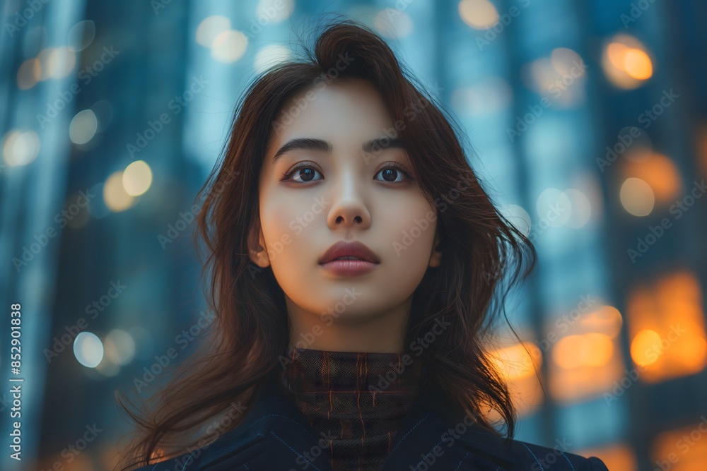 Well-groomed, rich chinese young woman in full height in an expensive business outfit against the background of blurry skyscrapers, view from below Well-groomed, rich chinese young woman in full height in an expensive business outfit against the background of blurry skyscrapers, view from below
