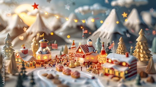 A hyper-realistic 3D render shows a family celebrating Independence Day with outdoor games and USA flags.