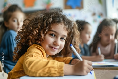 A curly-haired girl smiling while writing in a Sunday school class with her peers, promoting joy, learning, and faith in a lively, supportive classroom environment.