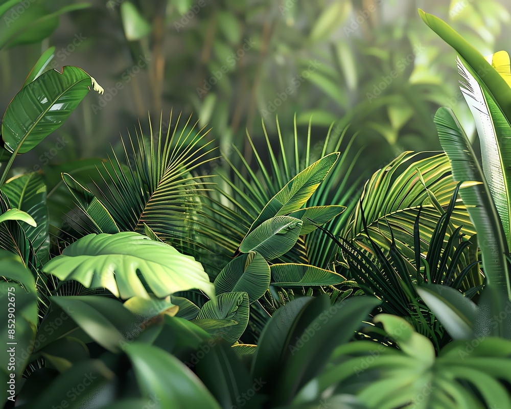 Obraz premium Lush green foliage in a tropical rainforest setting.