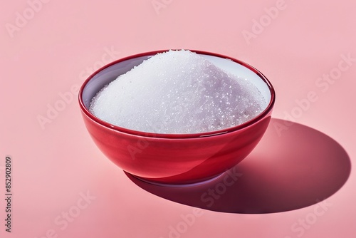 Red bowl filled with white granulated sugar on a soft pink background, casting a subtle shadow. Clean, minimalistic design perfect for culinary themes.