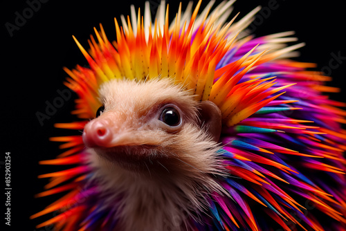 A hedgehog is wearing a colorful shirt and looking at the camera. © Алла Морозова