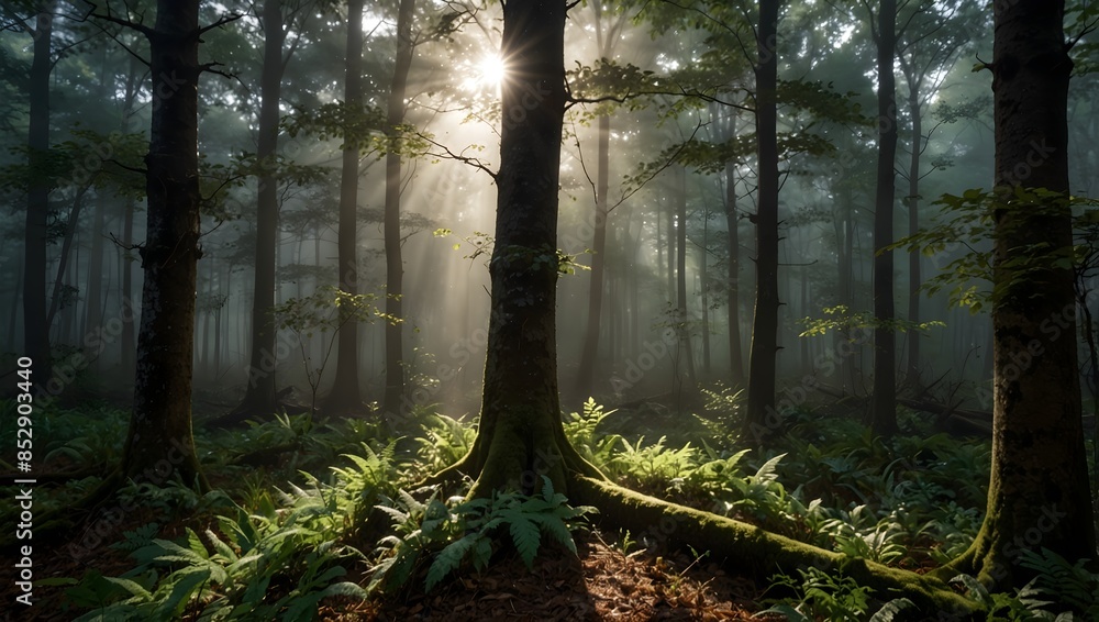 Obraz premium The tranquility of a misty forest, where sunlight filters through the canopy, dappling the forest floor ai_generated
