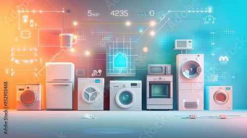 Wallpaper Mural Energysaving infographic comparing different appliances, home efficiency theme, front view, explaining energy consumption, digital tone, colored pastel Torontodigital.ca