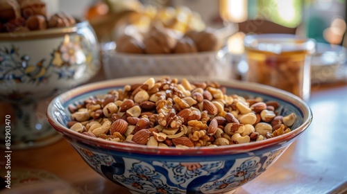 Closeup of Mixed Nuts in a Colorful Bowl on a Wooden Table