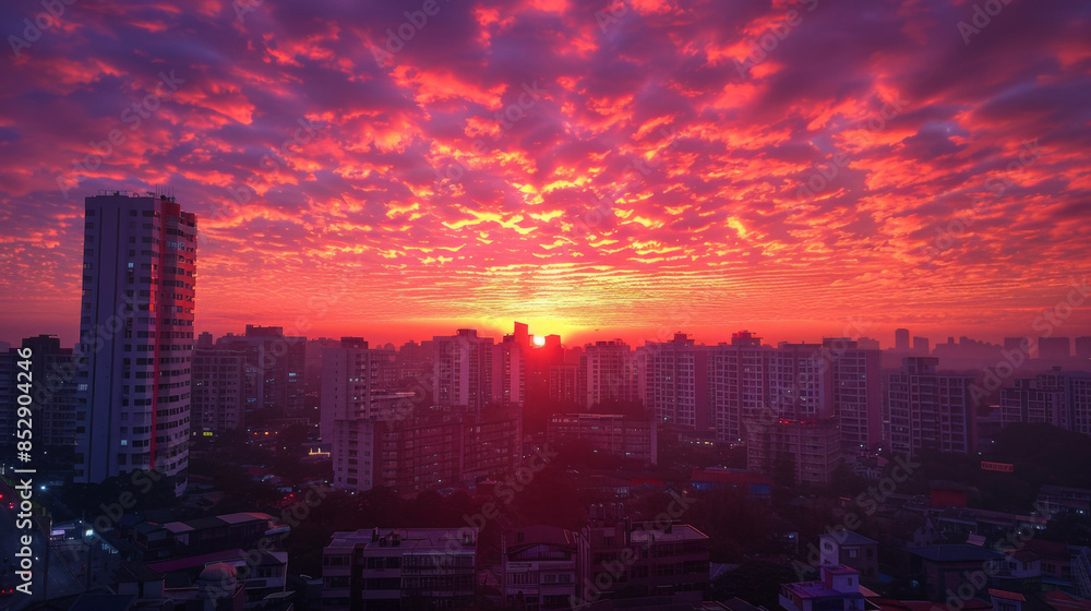 Fototapeta premium Sunset Sky Clouds in the evening with Red, Orange, Yellow and purple sunlight on Golden hour after sundown, Romantic sky in summer on Dusk Twilight