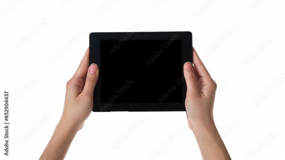 isolated black tablet computer held by hands cut out on white background for product showcase