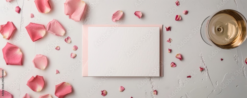 Flat lay image of blank card with pink rose petals and a glass of wine on a white background, perfect for romantic or wedding themes. Flat lay image of blank card with pink rose petals and a glass of wine on a white background, perfect for romantic or wedding themes.