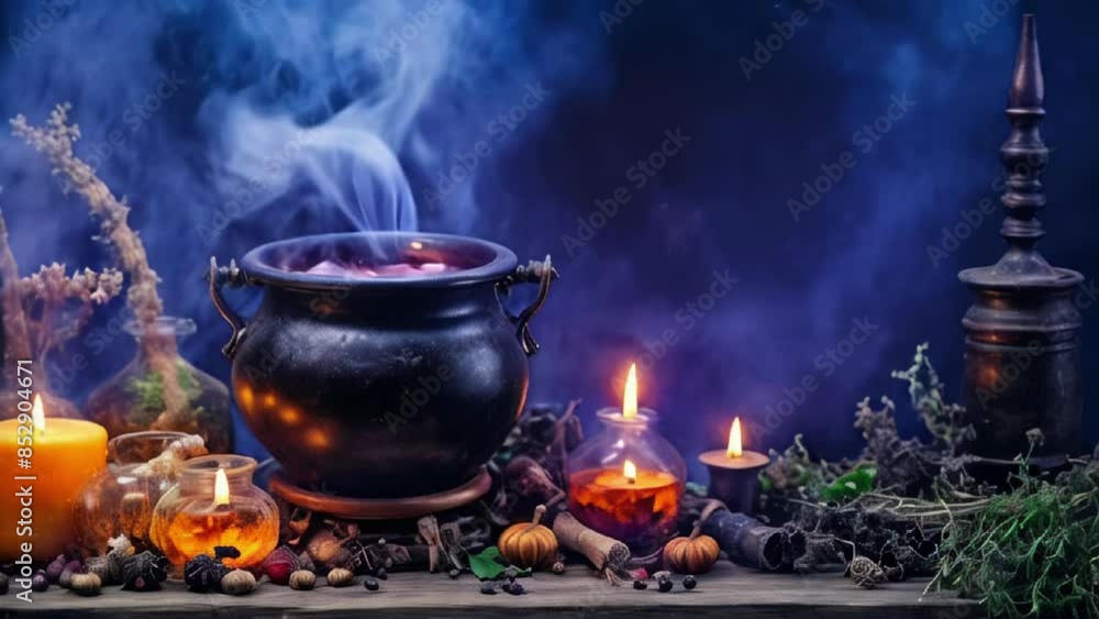 Magical Witch s cauldron with candles and herbs, emitting steam in a dark, mystical setting. Concept of witchcraft, Halloween, potion making, mystical ritual. Motion Magical Witch s cauldron with candles and herbs, emitting steam in a dark, mystical setting. Concept of witchcraft, Halloween, potion making, mystical ritual. Motion