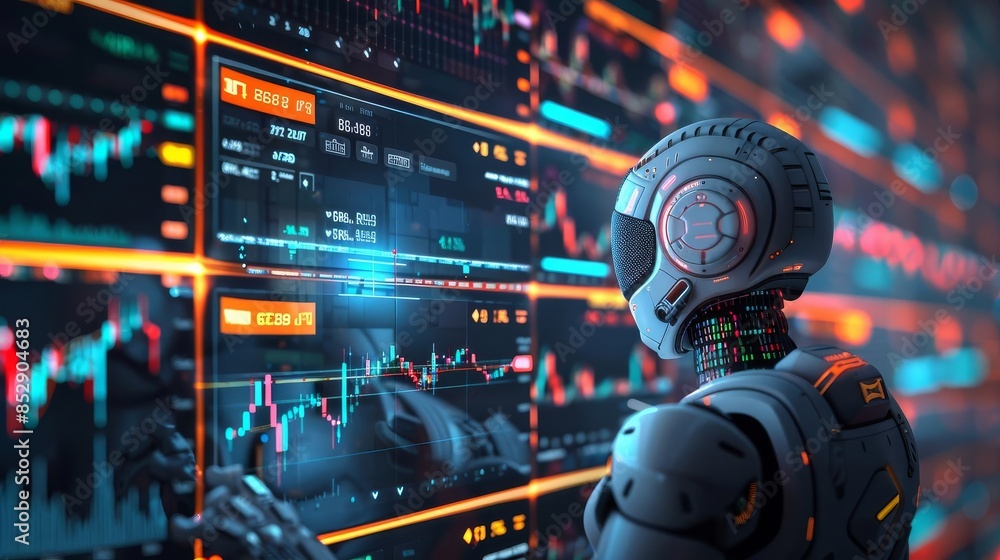 AI-powered trading bots analyzing market data on a holographic display, futuristic, high detail, digital illustration AI-powered trading bots analyzing market data on a holographic display, futuristic, high detail, digital illustration