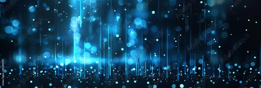 Obraz premium Bright blue background with digital particles and sleek vertical bar lines, offering a clean and professional look for