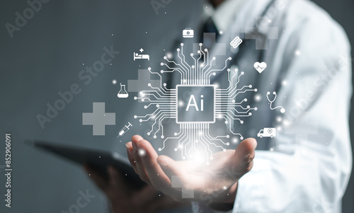 Medical worker touch virtual medical revolution and advance of technology Artificial Intelligence,AI Deep Learning for medical research,Transformation of innovation and technology for future Health.