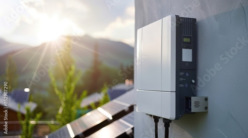 Solar inverter connected to a rooftop solar panel system, renewable energy theme, side view, illustrating efficient energy conversion, advanced tone, complementary color scheme