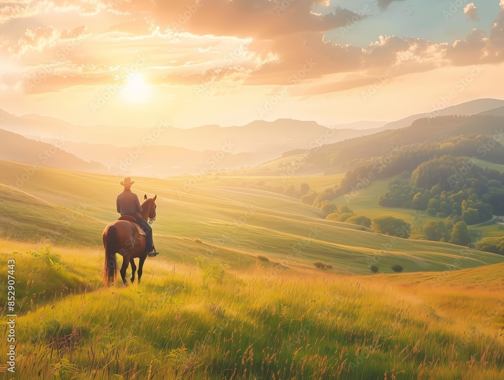 Obraz premium A bright cheerful photo of a person riding a horse 15 horse, field, grass, landscape, nature, cow, sky, animal, farm, horses, meadow, grazing, rural, countryside, mountain, summer, green, agriculture,