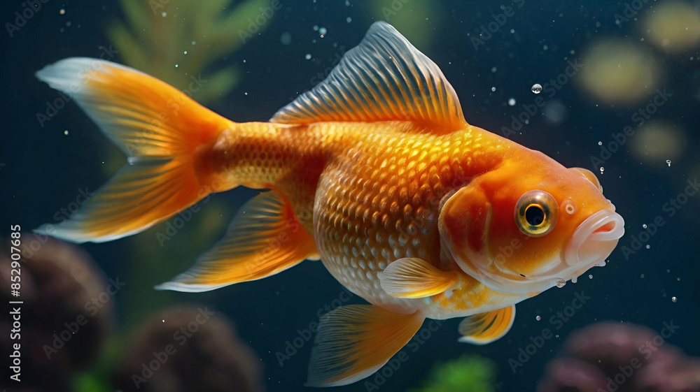 Fototapeta premium A beautiful cute Goldfish aquatic colours fin gold nautical pet swim tail underwater blackground GENERATE AI,