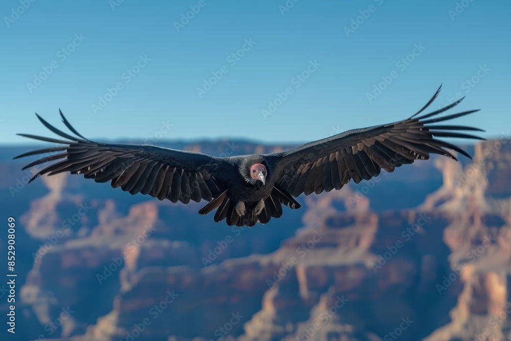 Obraz premium A California condor soaring over the Grand Canyon, its massive wingspan and striking black and white plumage visible against the deep blue sky.