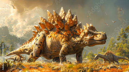 A family of stegosaurus, with a large adult and two smaller juveniles, grazing peacefully on a grassy plain.the texture of the grass, and the details of the landscape in realistic 8K resolution.