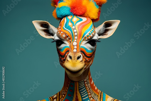 A giraffe with colorful face paint and a colorful headdress