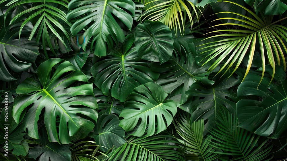 lush monstera and palm fronds arranged in intricate flat lay pattern top view nature photography lush monstera and palm fronds arranged in intricate flat lay pattern top view nature photography