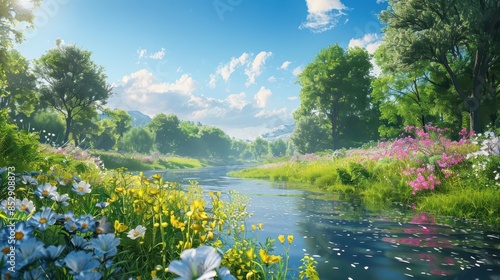 lush spring river landscape with blooming flowery banks realistic 3d illustration photo