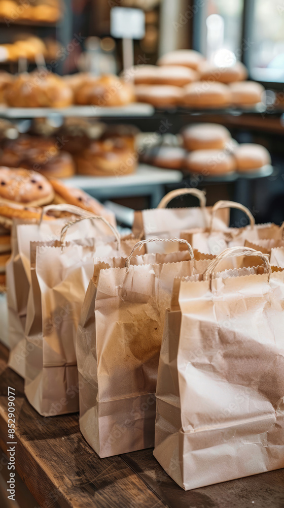Brown paper bags filled with freshly baked goods sits on a wooden counter in a bakery. Vertical banner with copy space Brown paper bags filled with freshly baked goods sits on a wooden counter in a bakery. Vertical banner with copy space