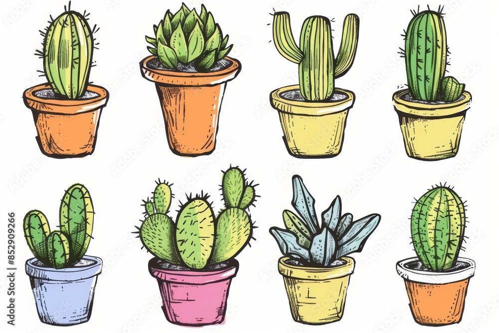 Set of different cacti in hand drawn linear style Set of different cacti in hand drawn linear style