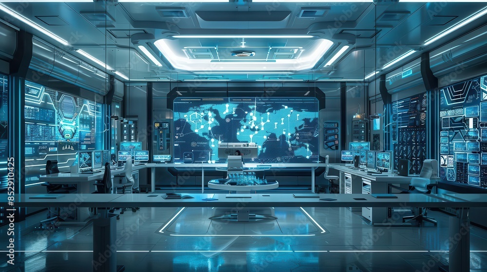 Fototapeta premium AI lab with neural network diagrams on screens