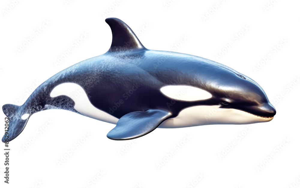 A large black and white whale is swimming in the ocean A large black and white whale is swimming in the ocean