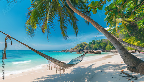 Hammock Hanging from Palm Tree on White Sand Beach with Turquoise Water