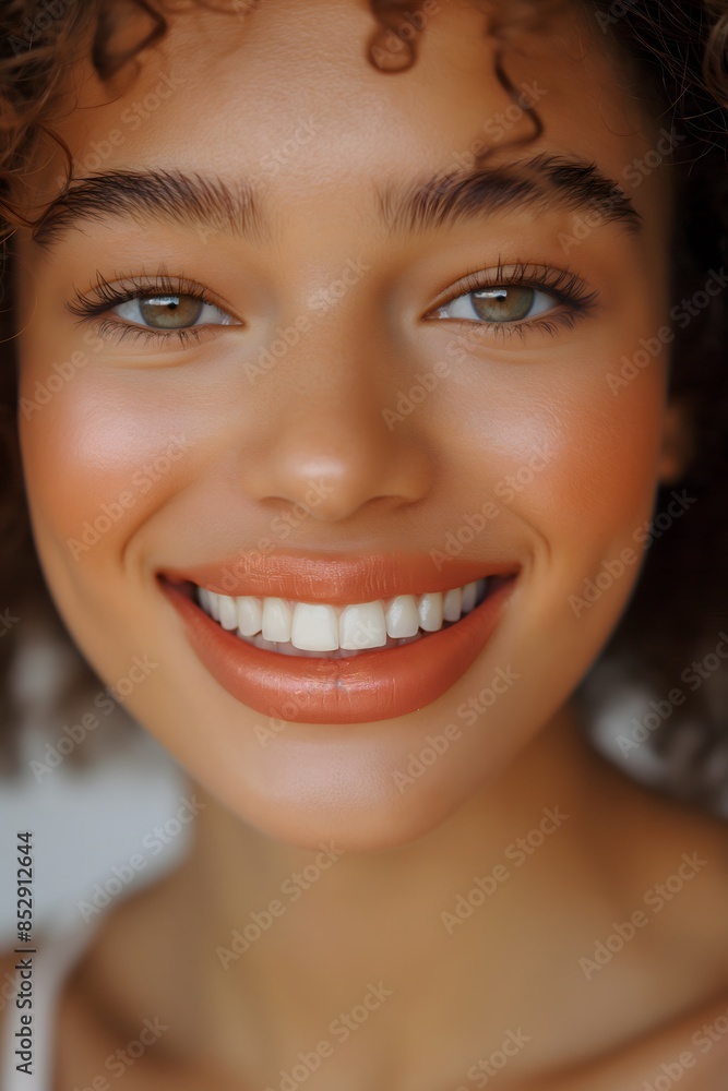 Close-up of a beaming smile with pearly white teeth, healthy glowing skin, subtle pink lips, expression of happiness and confidence Close-up of a beaming smile with pearly white teeth, healthy glowing skin, subtle pink lips, expression of happiness and confidence
