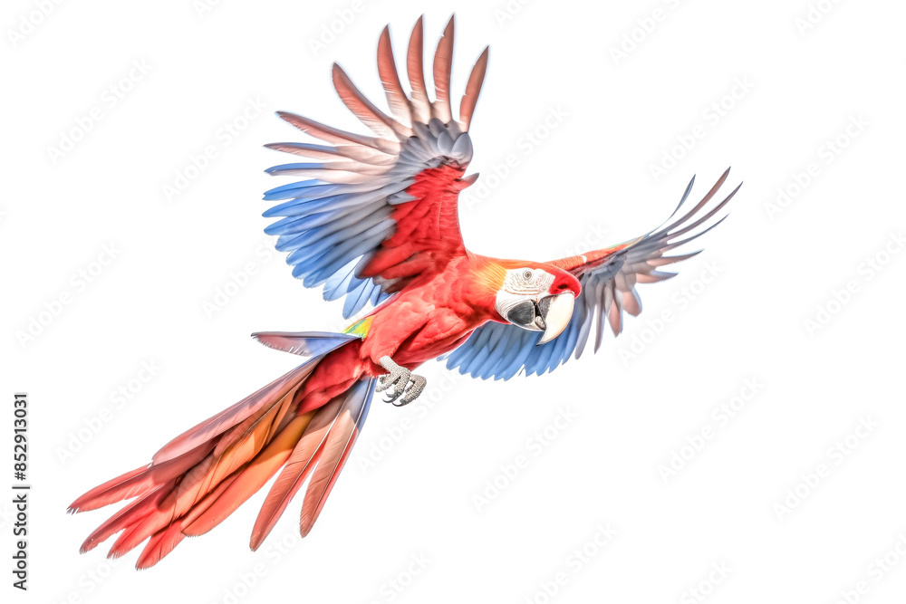 Obraz premium A red and blue parrot is flying in the air.
